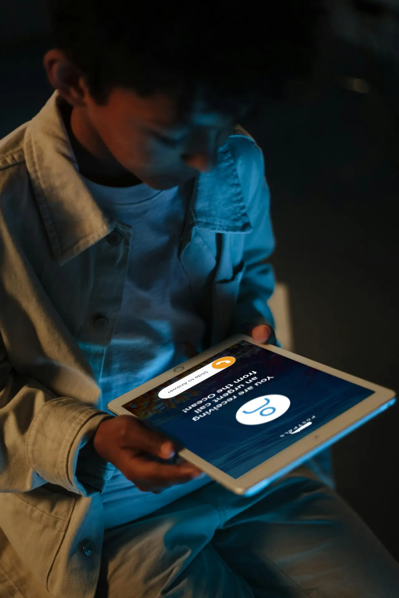 A child exploring the OCEARCH Adventure on a tablet, receiving an urgent call from the ocean
